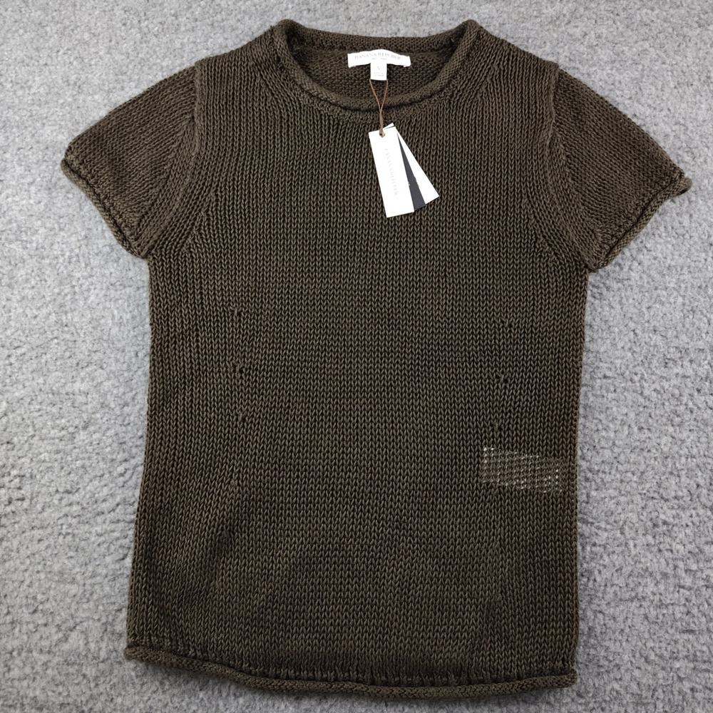 Banana Republic Linen Sweater Brown Chainmail Knit SS Roll Neck crochet NWT